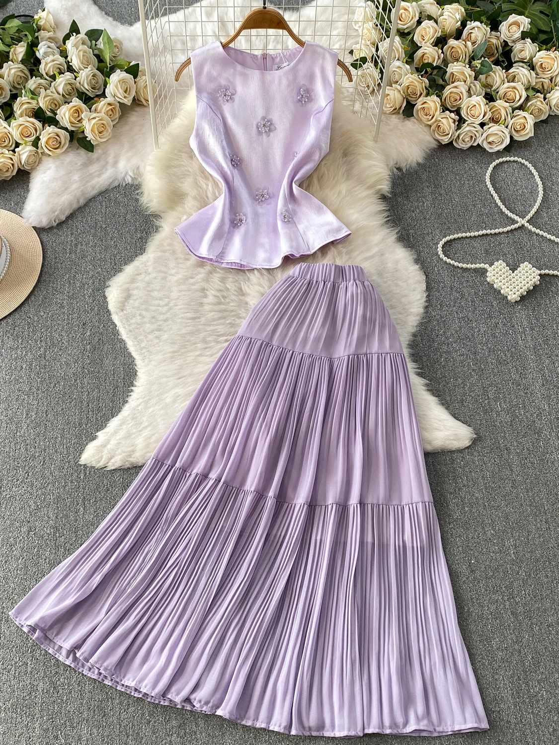 Elegant round Neck High Waist Slim Fit Two Piece Set with 3D Flower Embellishment And Long Skirt for Young Women
Elegant round Neck High Waist Slim Fit Two Piece Set with 3D Flower Embellishment And Long Skirt for Young Women