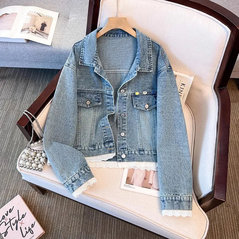 Spring Autumn Women Vintage Washed Blue Denim Jacket Lace Hem Patchwork Single-Breasted Long Sleeve Jeans Jacket Coat Streetwear
Spring Autumn Women Vintage Washed Blue Denim Jacket Lace Hem Patchwork Single-Breasted Long Sleeve Jeans Jacket Coat Streetwear