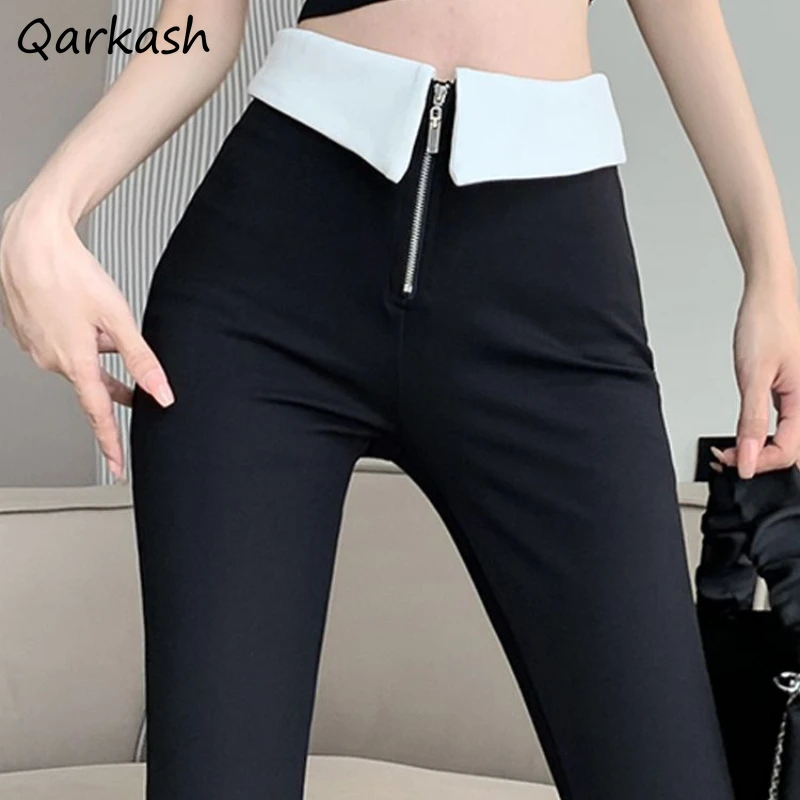 

Flare Pants Women High Waist Patchwork Zipper Fly Design Slim Fitting Elastic Fashion Korean Style Chic Streetwear All-match