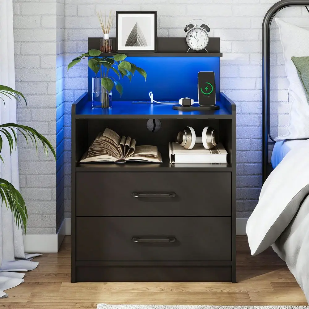 Nightstand With Charging Station, Night Stand With 2 Drawers And Open Storage, Bedside Table With LED Lights, Modern End Table
Nightstand With Charging Station, Night Stand With 2 Drawers And Open Storage, Bedside Table With LED Lights, Modern End Table