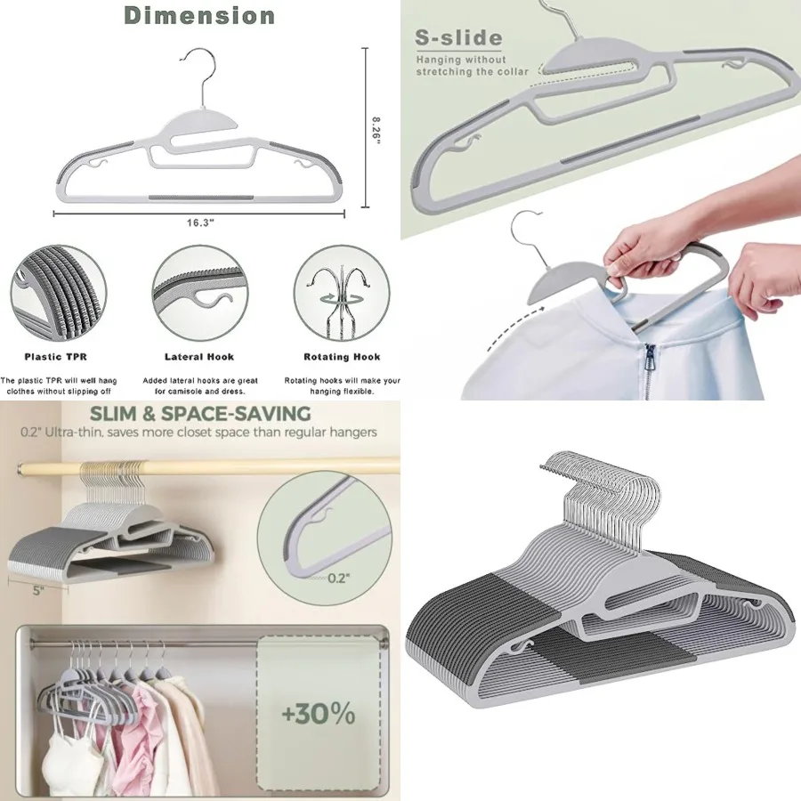 Plastic Hangers 50 Pack with Non-Slip Design, 0.2 Inch Thick, 360°Swivel Hook Space Saving Organizer for Bedroom Closet, Shirts
Plastic Hangers 50 Pack with Non-Slip Design, 0.2 Inch Thick, 360°Swivel Hook Space Saving Organizer for Bedroom Closet, Shirts
