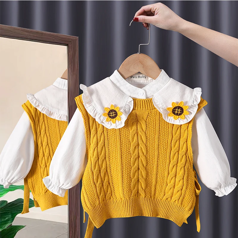 Pastoral Style Autumn Cotton Long Sleeve Blouse White Shirt Knit Vest Two-Piece Set Casual Clothes Girls From 3 To 8 Years
Pastoral Style Autumn Cotton Long Sleeve Blouse White Shirt Knit Vest Two-Piece Set Casual Clothes Girls From 3 To 8 Years
