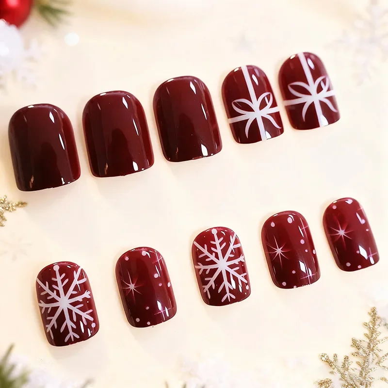 Short Square Christmas Press-On Nails, Burgundy Red False Nails with White Snowflake & Star Print, Full Cover Wearable Holiday Nails
Short Square Christmas Press-On Nails, Burgundy Red False Nails with White Snowflake & Star Print, Full Cover Wearable Holiday Nails