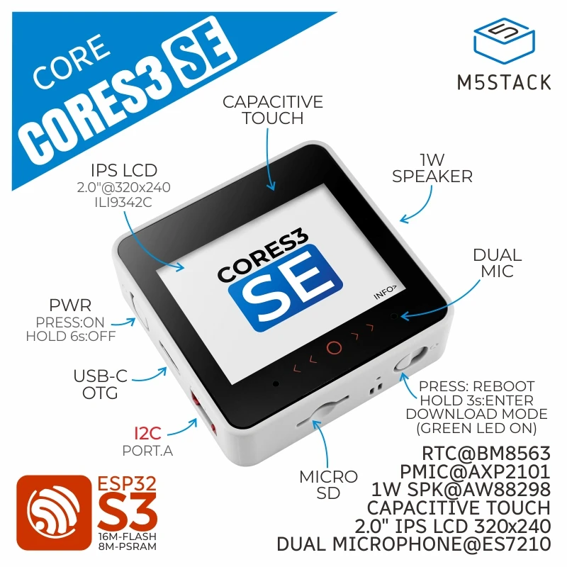 M5Stack CoreS3 SE Lightweight Edition Контроллер IoT ESP32S3, робот Xiaozhi AI
M5Stack CoreS3 SE Lightweight Edition Контроллер IoT ESP32S3, робот Xiaozhi AI