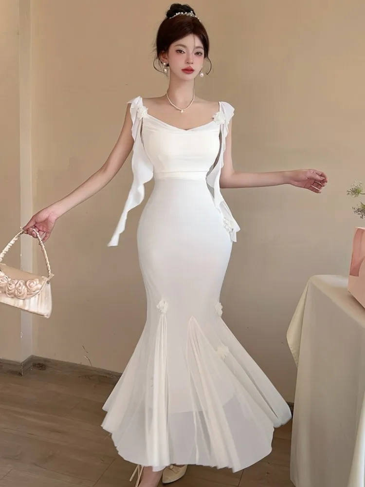 French Style Solid Mermaid Dresses Elegant Ruffles Straps Mesh Patchwork Bodycon Evening Party Dress Summer Slim Waist Vestidos
French Style Solid Mermaid Dresses Elegant Ruffles Straps Mesh Patchwork Bodycon Evening Party Dress Summer Slim Waist Vestidos