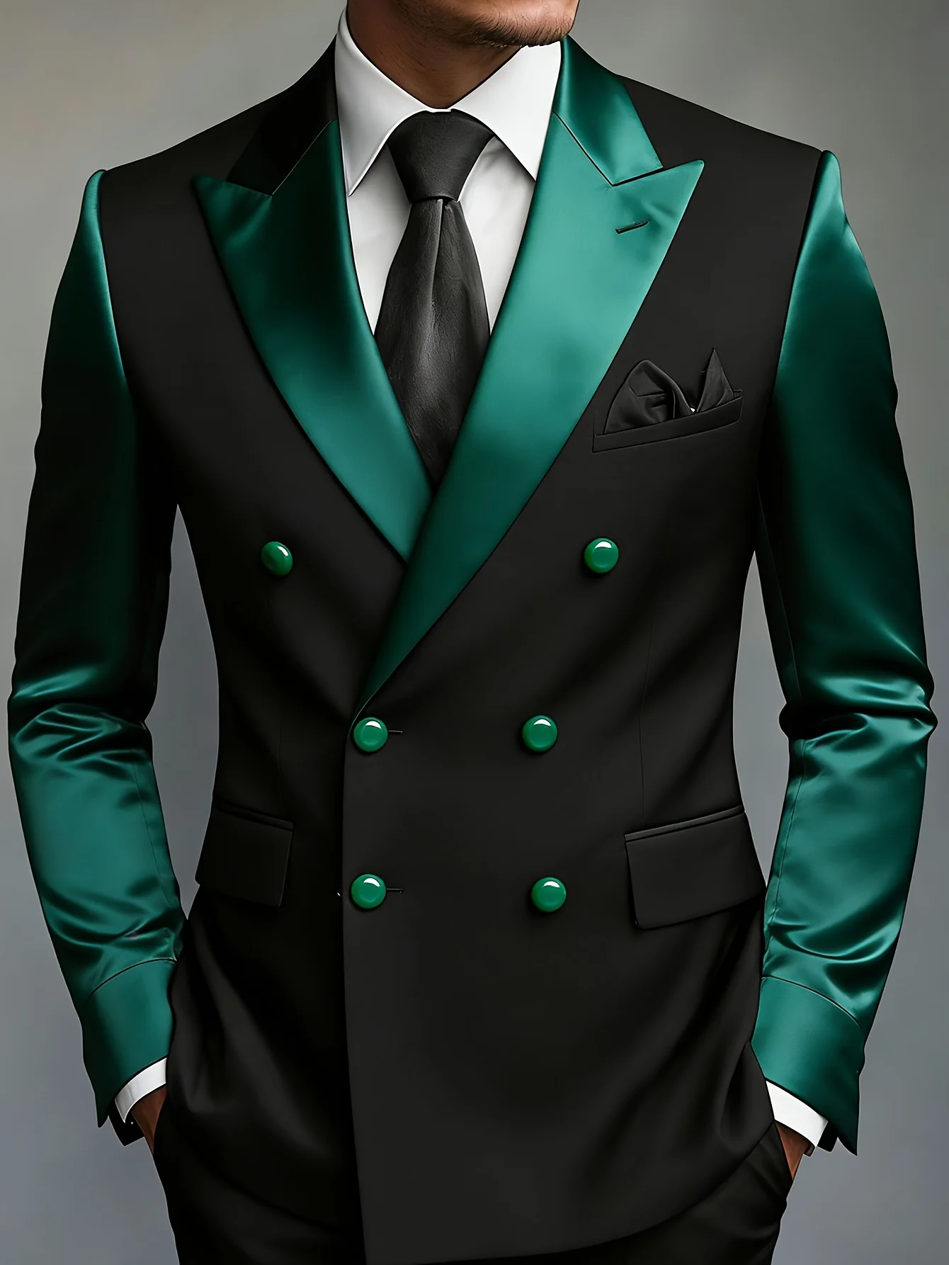 Men Black Double Breasted Blazer Emerald Green Satin Lapel & Sleeves Green Buttons Slim Fit Wedding Groom Stage Formal Tuxedo Ja
Men Black Double Breasted Blazer Emerald Green Satin Lapel & Sleeves Green Buttons Slim Fit Wedding Groom Stage Formal Tuxedo Ja