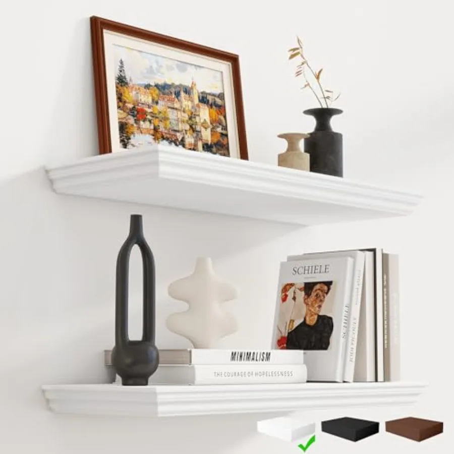 Floating shelves for bathroom kitchen office wall decor; rustic wood; white; 24-inch length 9.3-inch depth classic crown moldin
Floating shelves for bathroom kitchen office wall decor; rustic wood; white; 24-inch length 9.3-inch depth classic crown moldin