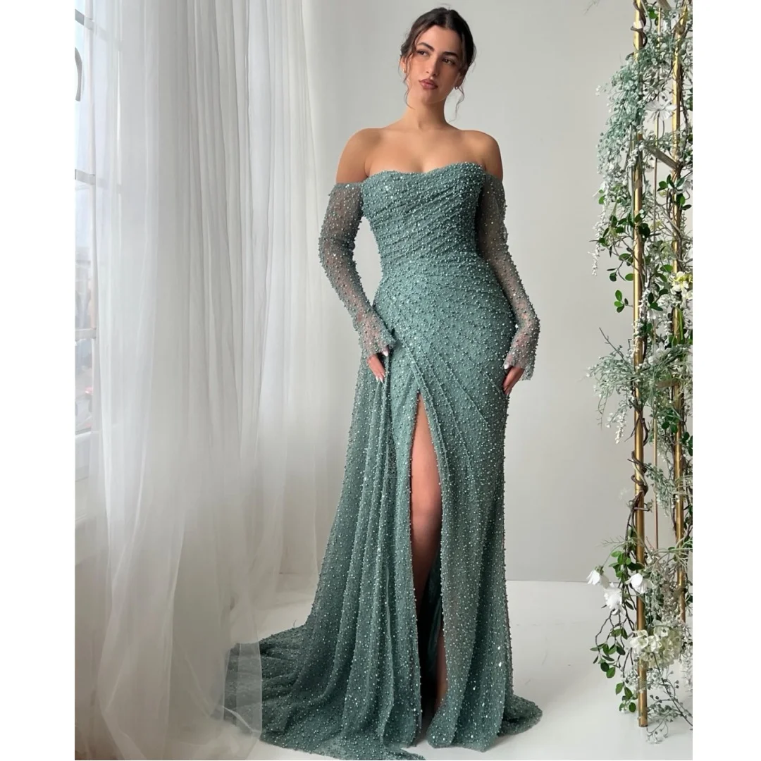Beading Luxury Evening Dresses Lace Sequins Side Slit Prom Dress Off the Shoulder Long Sleeves Party Gown Vestidos Customized
Beading Luxury Evening Dresses Lace Sequins Side Slit Prom Dress Off the Shoulder Long Sleeves Party Gown Vestidos Customized
