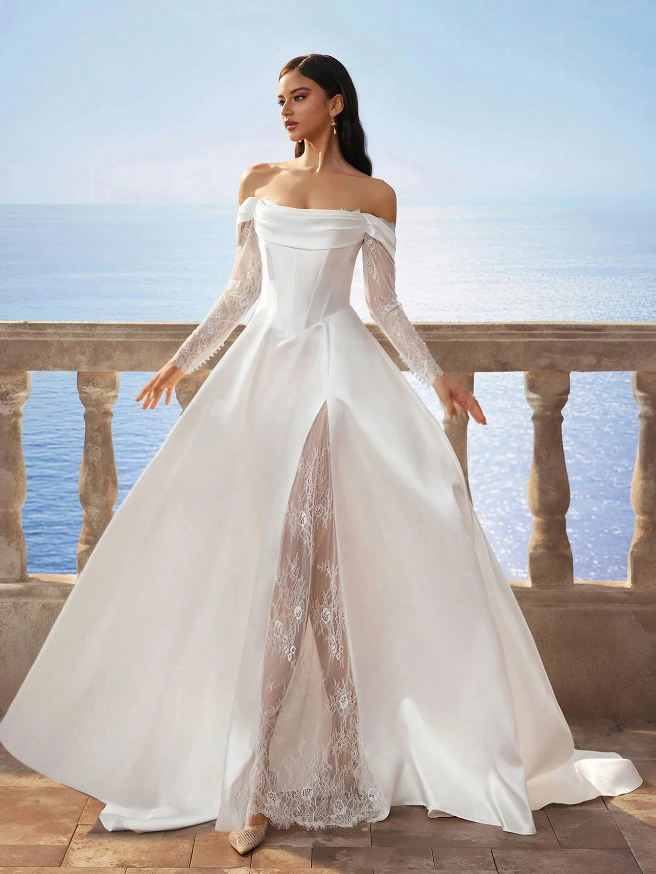 Off Shoulder Satin Wedding Dress Long Lace Sleeve Corset Back A Line Bridal Gown With Lace Slit Chapel Train Simple Wedding Gown
Off Shoulder Satin Wedding Dress Long Lace Sleeve Corset Back A Line Bridal Gown With Lace Slit Chapel Train Simple Wedding Gown