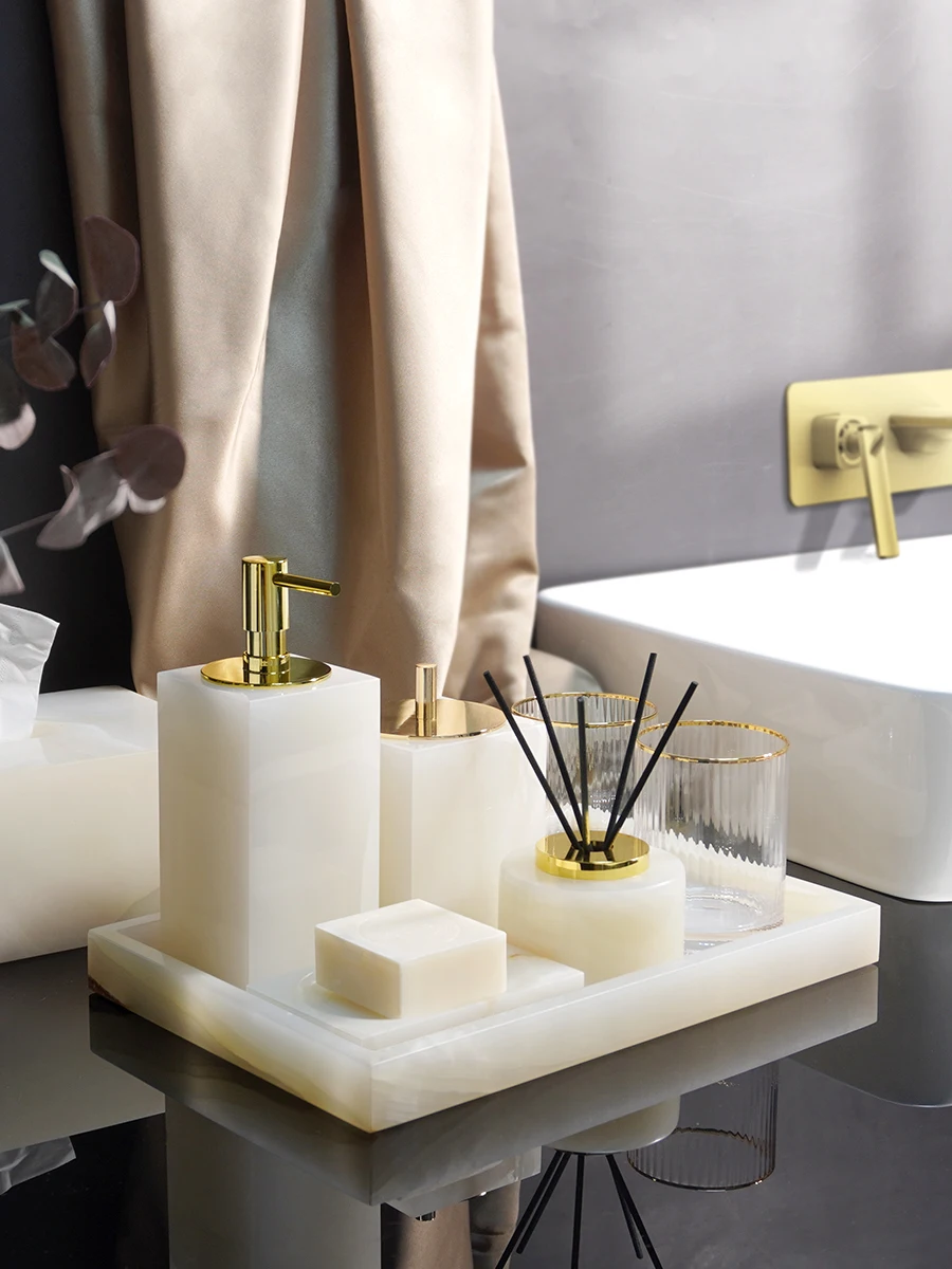 DecoTalk Luxury Natural Marble Bathroom Accessories Set with Tissue Box Tray White Jade Washroom Essential Oil Combination
DecoTalk Luxury Natural Marble Bathroom Accessories Set with Tissue Box Tray White Jade Washroom Essential Oil Combination