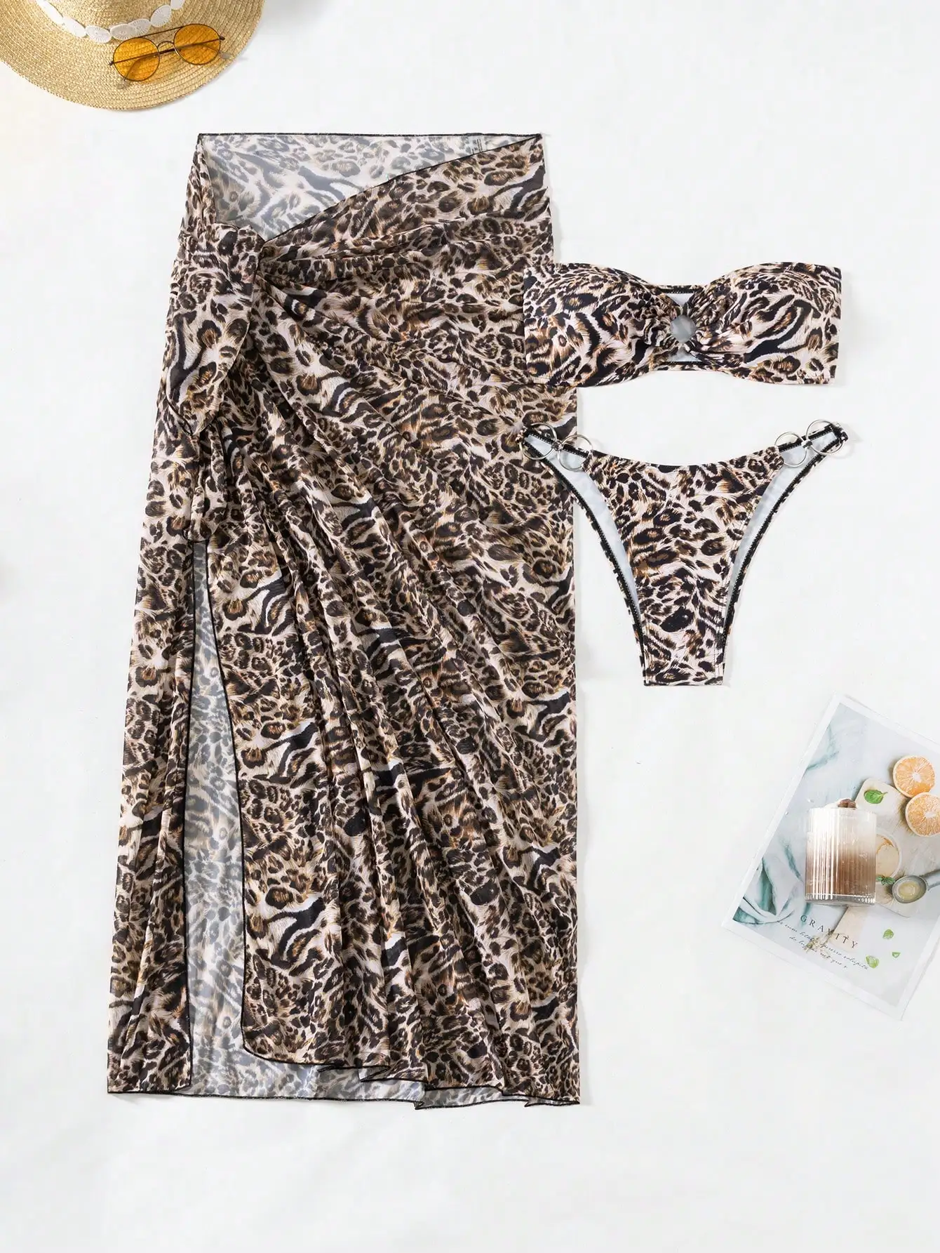 Leopard Print 3 Piece Bikini Set With Metal Ring Decorated Beach Cover Up
Leopard Print 3 Piece Bikini Set With Metal Ring Decorated Beach Cover Up