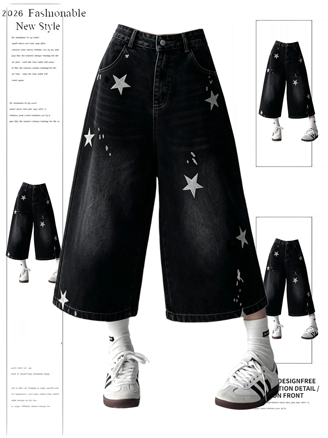 Retro American Star Print Black Denim Seven-Foot Pants Loose Slimming Casual Shorts High Waist Wide Leg Jeans Casual Wear
Retro American Star Print Black Denim Seven-Foot Pants Loose Slimming Casual Shorts High Waist Wide Leg Jeans Casual Wear
