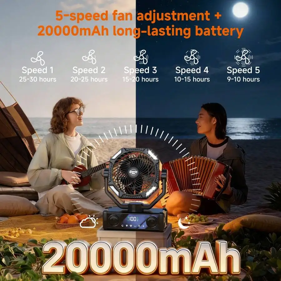 Portable Camping Fan With Bluetooth Speaker 20000mAh Battery 5 Speed Touch Control LED Light USB Type-C Charging
Portable Camping Fan With Bluetooth Speaker 20000mAh Battery 5 Speed Touch Control LED Light USB Type-C Charging