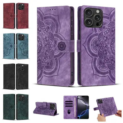 Funda de cuero con tapa para teléfono IPhone 17 Air 16e 16 15 14 13 12 Mini 11 Pro XS Max 8 7 Plus |   Flor de mandala en relieve