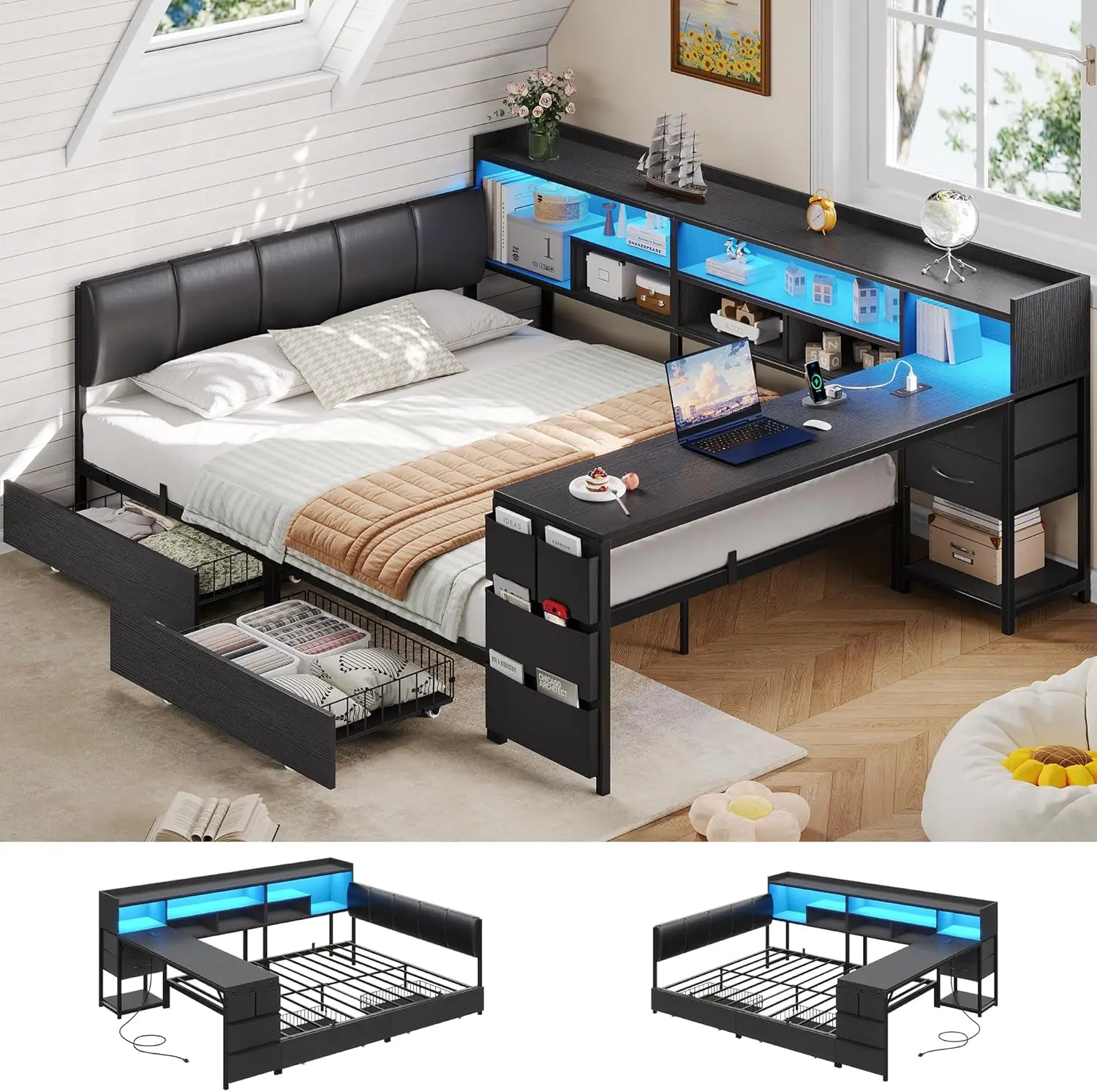 Full Corner Bed Frame with Desk and 6 Storage Bookcase Full Size Platform Corner Bed Frame with 4 Drawers Upholstered
Full Corner Bed Frame with Desk and 6 Storage Bookcase Full Size Platform Corner Bed Frame with 4 Drawers Upholstered