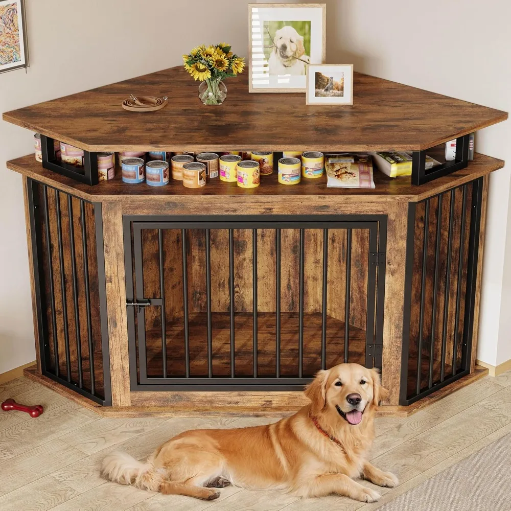 51" Corner Wooden Dog Crate Furniture with 2-Tier Shelves, Pet Kennel for Large Dogs, Space-Saving Dog Cage Indoor, Rustic Brow
51" Corner Wooden Dog Crate Furniture with 2-Tier Shelves, Pet Kennel for Large Dogs, Space-Saving Dog Cage Indoor, Rustic Brow