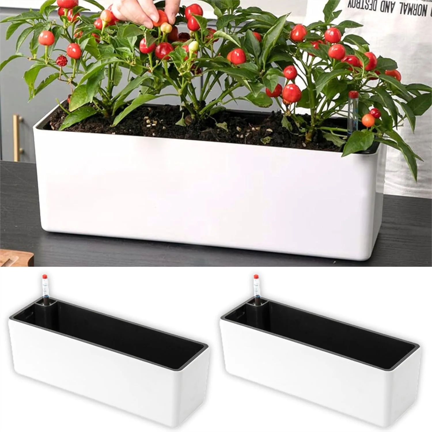 Self Watering Planter Box for Indoor Plants, 16 Inch White Rectangular Flower Pot with Drainage, 2 Pack
Self Watering Planter Box for Indoor Plants, 16 Inch White Rectangular Flower Pot with Drainage, 2 Pack
