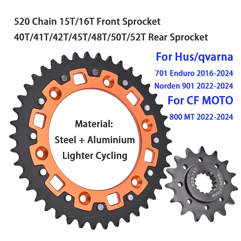 520 15T/16T передняя 40T/41T/42T/45T/48T/50T/52T задняя звездочка для CF Moto 800 MT 2022-2024 для Hus/qvarna 701 Enduro LR Norden 901 
520 15T/16T передняя 40T/41T/42T/45T/48T/50T/52T задняя звездочка для CF Moto 800 MT 2022-2024 для Hus/qvarna 701 Enduro LR Norden 901