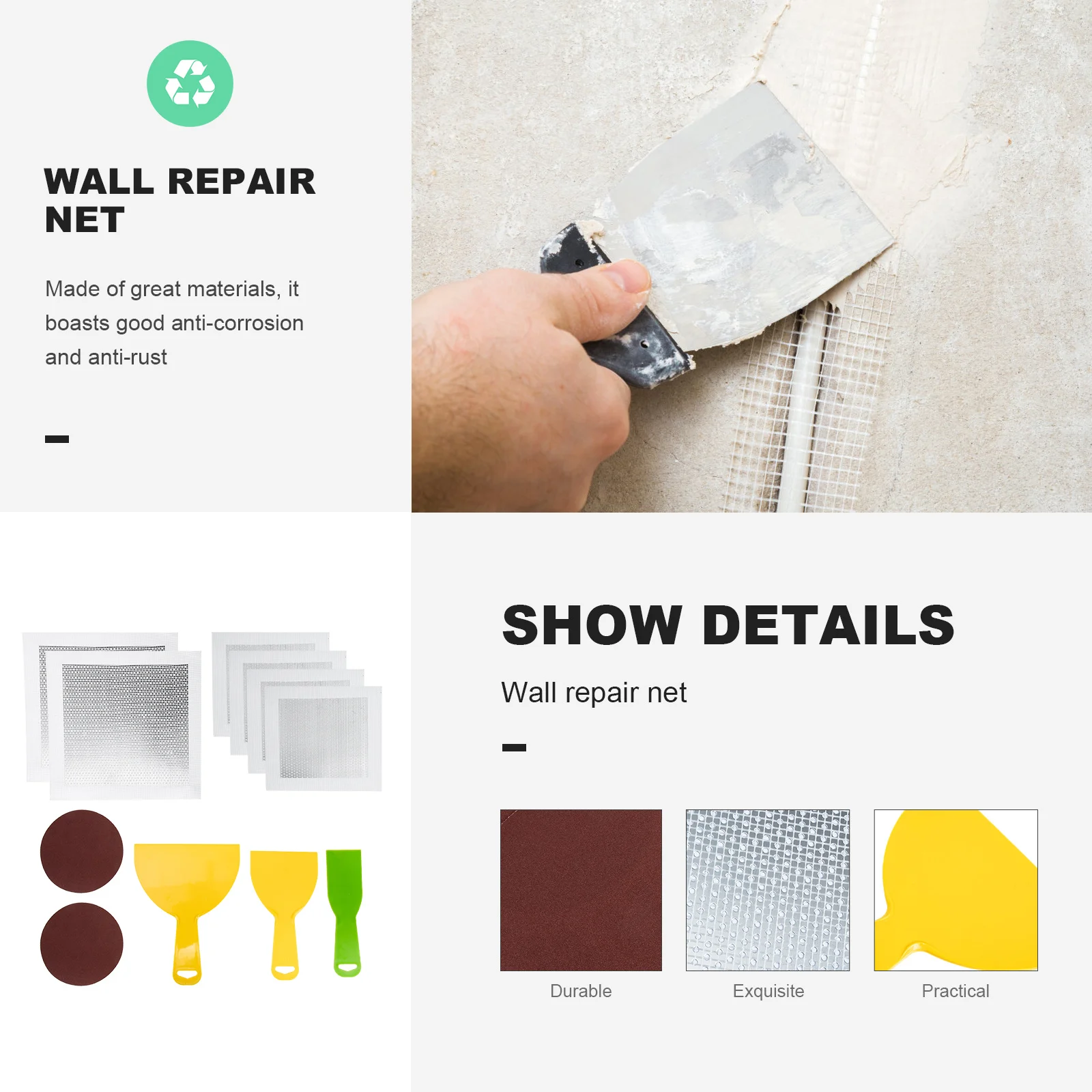 1 Set Wall Repair Patch Kit Drywall Holes Cracks Lightweight Aluminum Self-Adhesive Easy Cut Strong Adhesion Surface Mending
1 Set Wall Repair Patch Kit Drywall Holes Cracks Lightweight Aluminum Self-Adhesive Easy Cut Strong Adhesion Surface Mending