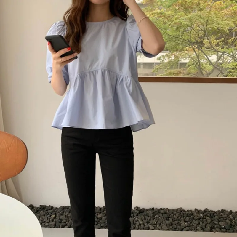 Pure Color round Neck Bubble Sleeve Shirt Women's Slim Fit Short Sleeve Summer Design Sweet Top Women's Fashion Casual Shirt
Pure Color round Neck Bubble Sleeve Shirt Women's Slim Fit Short Sleeve Summer Design Sweet Top Women's Fashion Casual Shirt