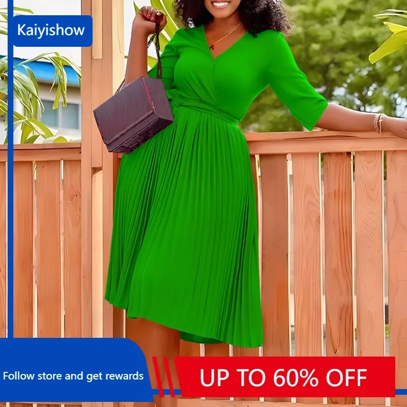Elegant African Pleat Dresses for Women Autumn African 3/4 Sleeve V-neck Yellow Blue Green Midi Dress Dashiki African Clothing
Elegant African Pleat Dresses for Women Autumn African 3/4 Sleeve V-neck Yellow Blue Green Midi Dress Dashiki African Clothing