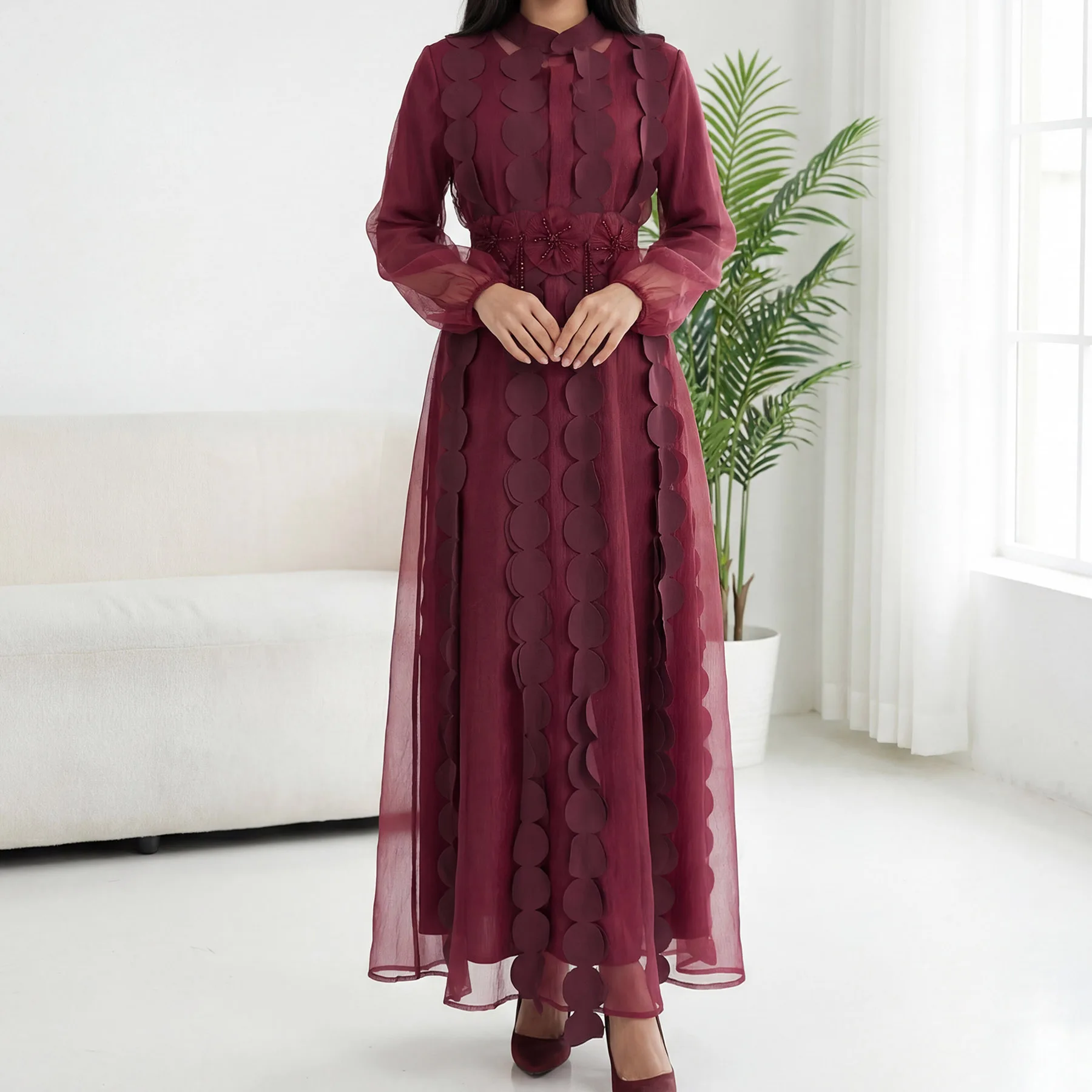 Elegant Muslim Women Set Asian Size Ramadan Eid Party Hijabi Matching Suits: Stretchy Knit Sleeved Dress, 3D Petal Sheer Abaya
Elegant Muslim Women Set Asian Size Ramadan Eid Party Hijabi Matching Suits: Stretchy Knit Sleeved Dress, 3D Petal Sheer Abaya