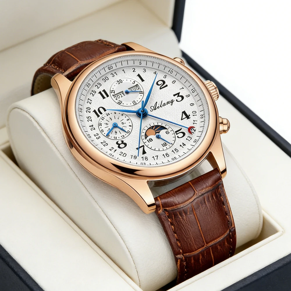 AILANG Brand Luxury Multifunctional Moon Phase Mechanical Watch Men Leather Strap waterproof Week Date Automatic Wristwatch Mens
AILANG Brand Luxury Multifunctional Moon Phase Mechanical Watch Men Leather Strap waterproof Week Date Automatic Wristwatch Mens