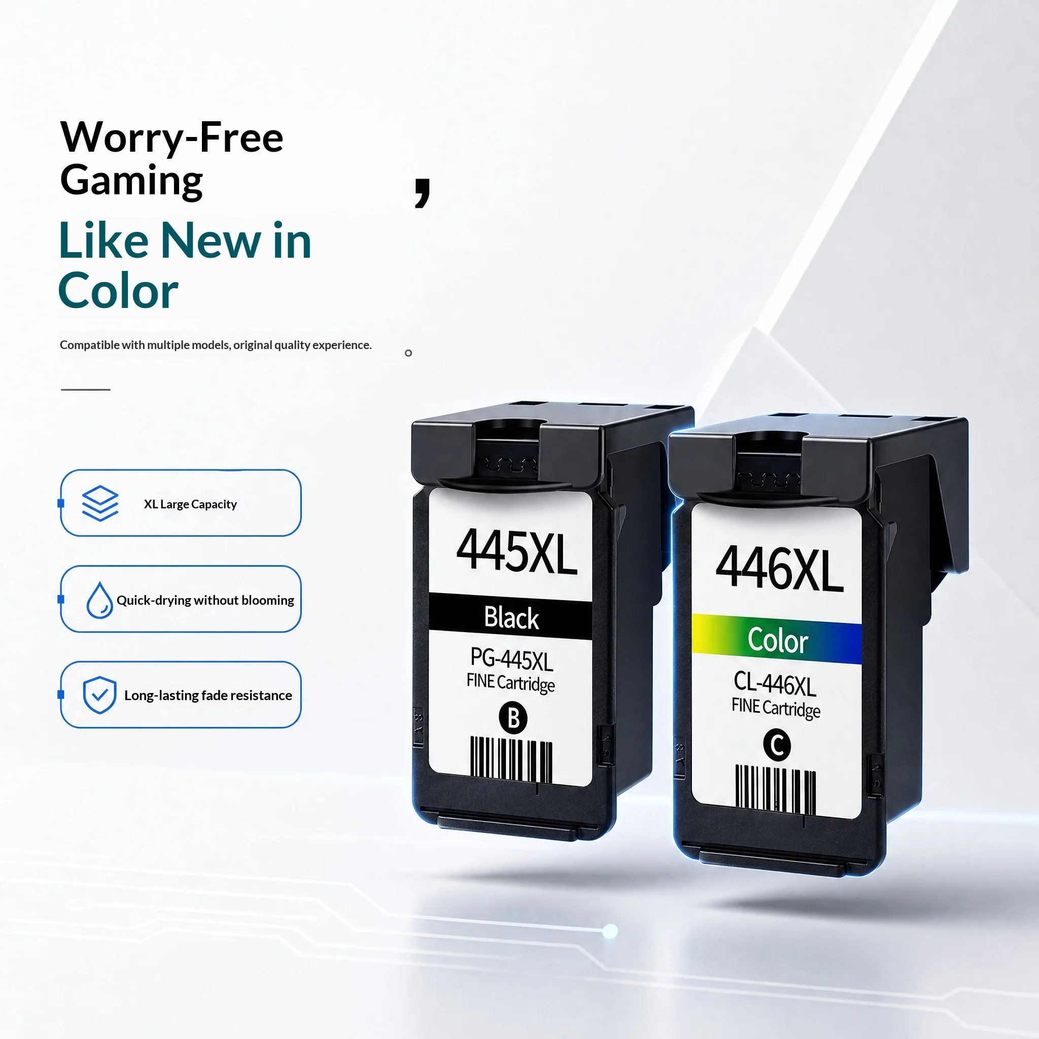 Compatible with 445xl and 446xl Ink Cartridges for 2540, 2440, 3040, Ip2840, Ts3140, And 3440 Printers (Color and Black)
Compatible with 445xl and 446xl Ink Cartridges for 2540, 2440, 3040, Ip2840, Ts3140, And 3440 Printers (Color and Black)