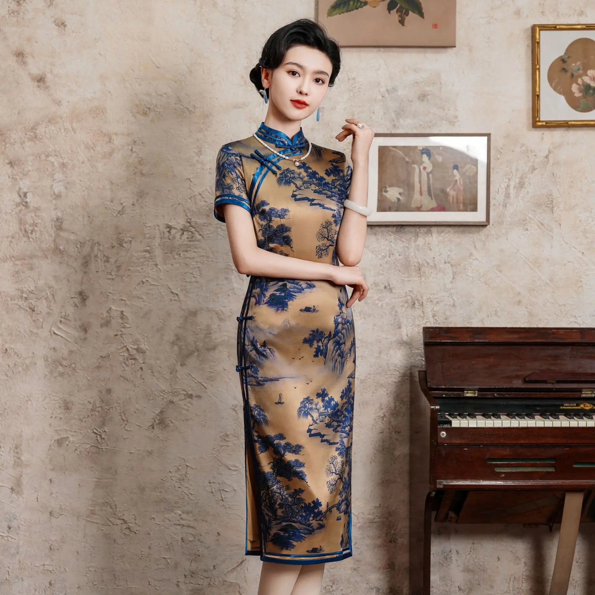 Spring and Silk Chinese Floral Traditional Vintage Modern Cheongsam Qipao Improved Retro Banquet Blue Mid-Length Dress Daily
Spring and Silk Chinese Floral Traditional Vintage Modern Cheongsam Qipao Improved Retro Banquet Blue Mid-Length Dress Daily