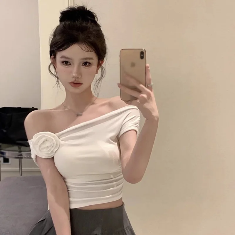 Летний женский топ с трехмерным цветком и косыми плечами, нерегулярная сексуальная футболка с коротким рукавом, сплошной цвет
Летний женский топ с трехмерным цветком и косыми плечами, нерегулярная сексуальная футболка с коротким рукавом, сплошной цвет