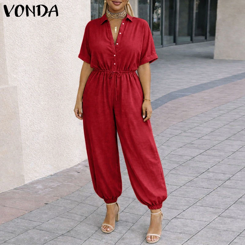 Summer Women Jumpsuits VONDA Solid Color Fashion Rompers Playsuit Elegant OL Work Overalls Trousers Turn-down Collar Streetwear
Summer Women Jumpsuits VONDA Solid Color Fashion Rompers Playsuit Elegant OL Work Overalls Trousers Turn-down Collar Streetwear