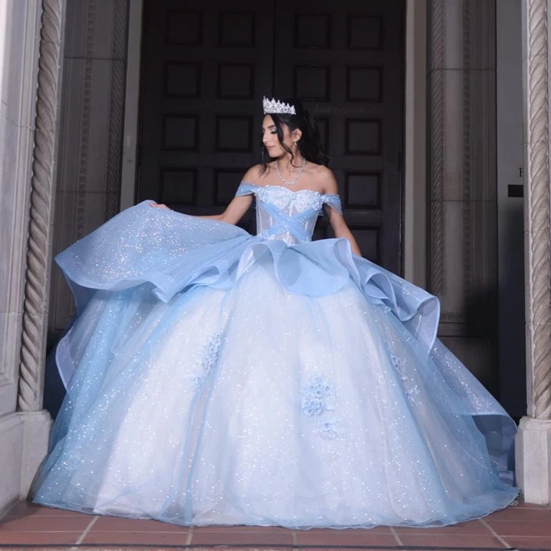 Sky Blue Shiny Off Shoulder Ball Gown Quinceanera Dress 3D Flowers Appliques Lace Beads Corset Vestido De 15 Años
Sky Blue Shiny Off Shoulder Ball Gown Quinceanera Dress 3D Flowers Appliques Lace Beads Corset Vestido De 15 Años