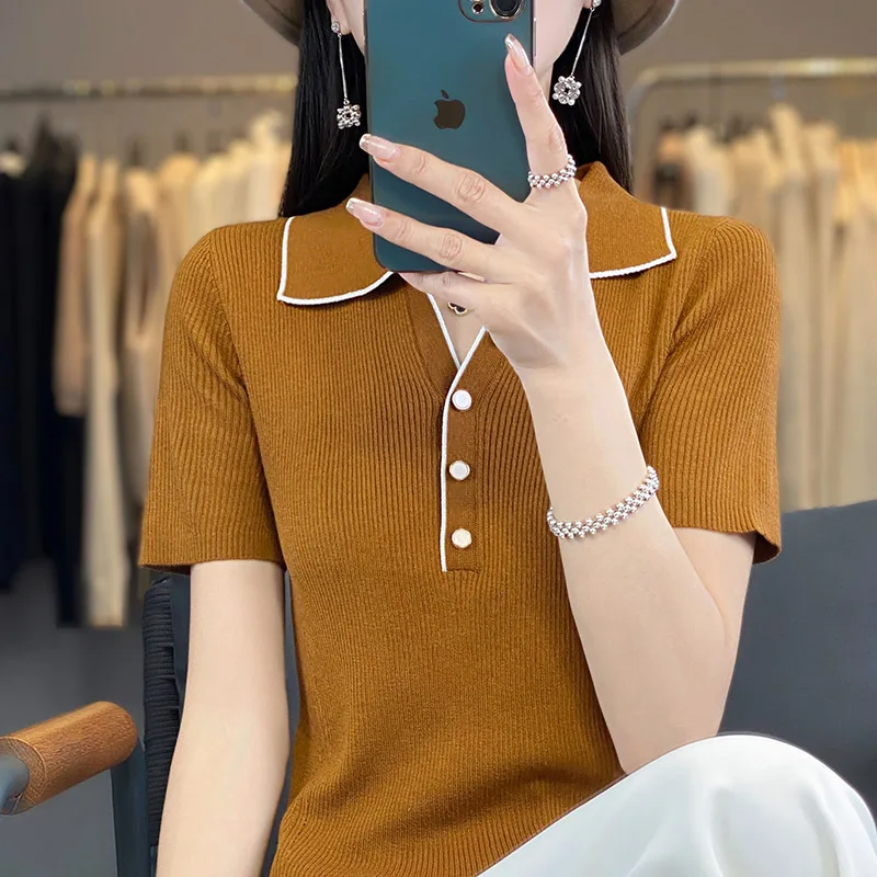 Women's T-shirt Summer New Ice Hemp Knitted Short Sleeve Casual Splicing Shirt Women's Collar Pullover T-shirt Slim Fashion Top
Women's T-shirt Summer New Ice Hemp Knitted Short Sleeve Casual Splicing Shirt Women's Collar Pullover T-shirt Slim Fashion Top