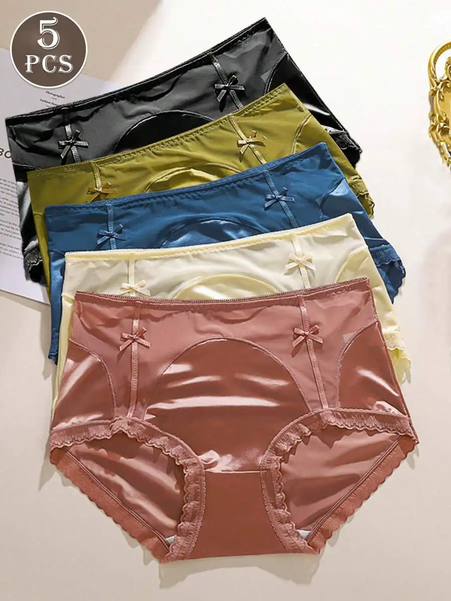 5 Pcs Women Satin Lace Bow Mid Waist Triangle Panties
5 Pcs Women Satin Lace Bow Mid Waist Triangle Panties
