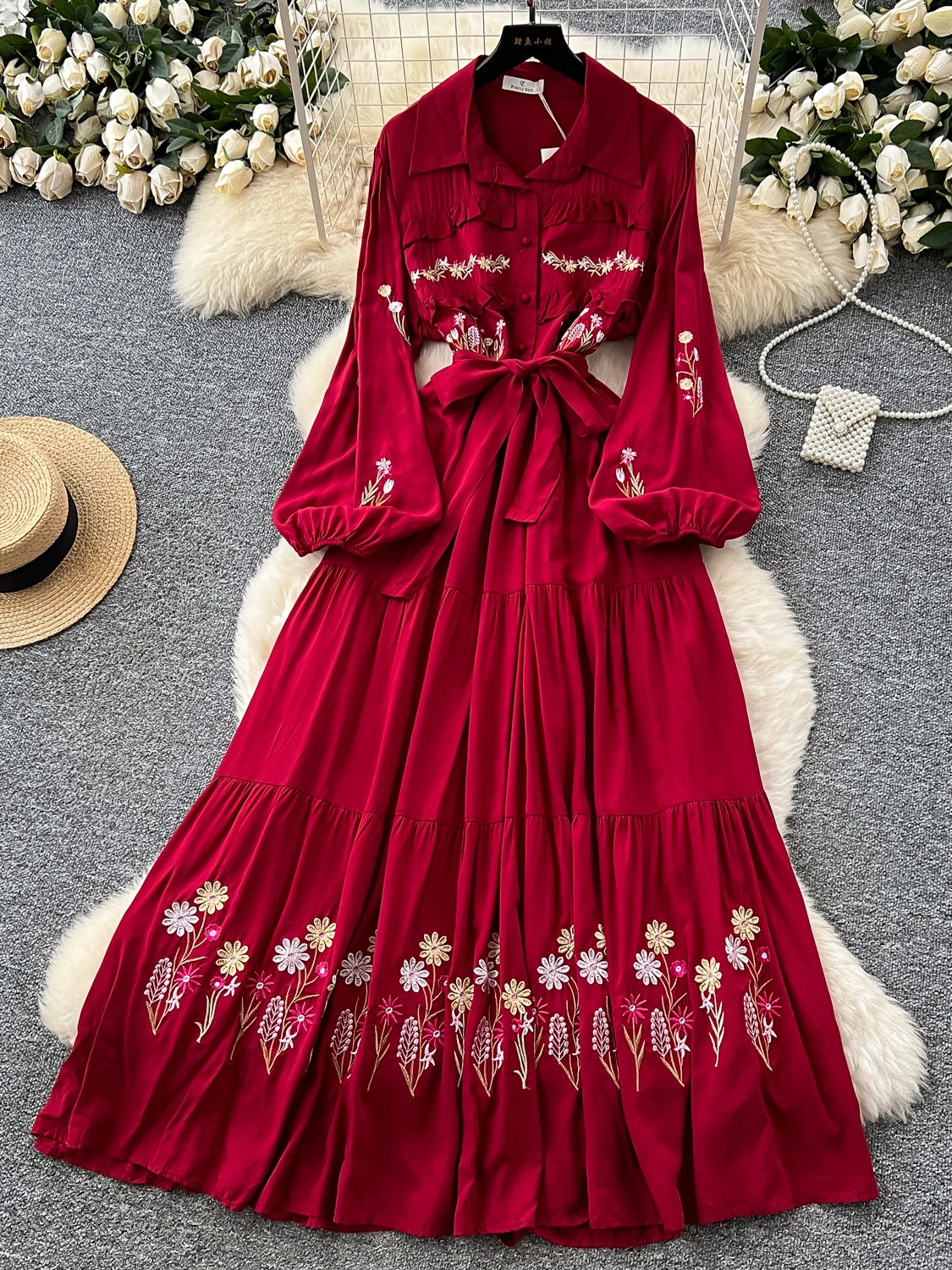 Retro Heavy Embroidery Belted Waist Lantern Sleeve Dress Women's Wooden Splice Slimming Long Dress Korean Style High Waist
Retro Heavy Embroidery Belted Waist Lantern Sleeve Dress Women's Wooden Splice Slimming Long Dress Korean Style High Waist