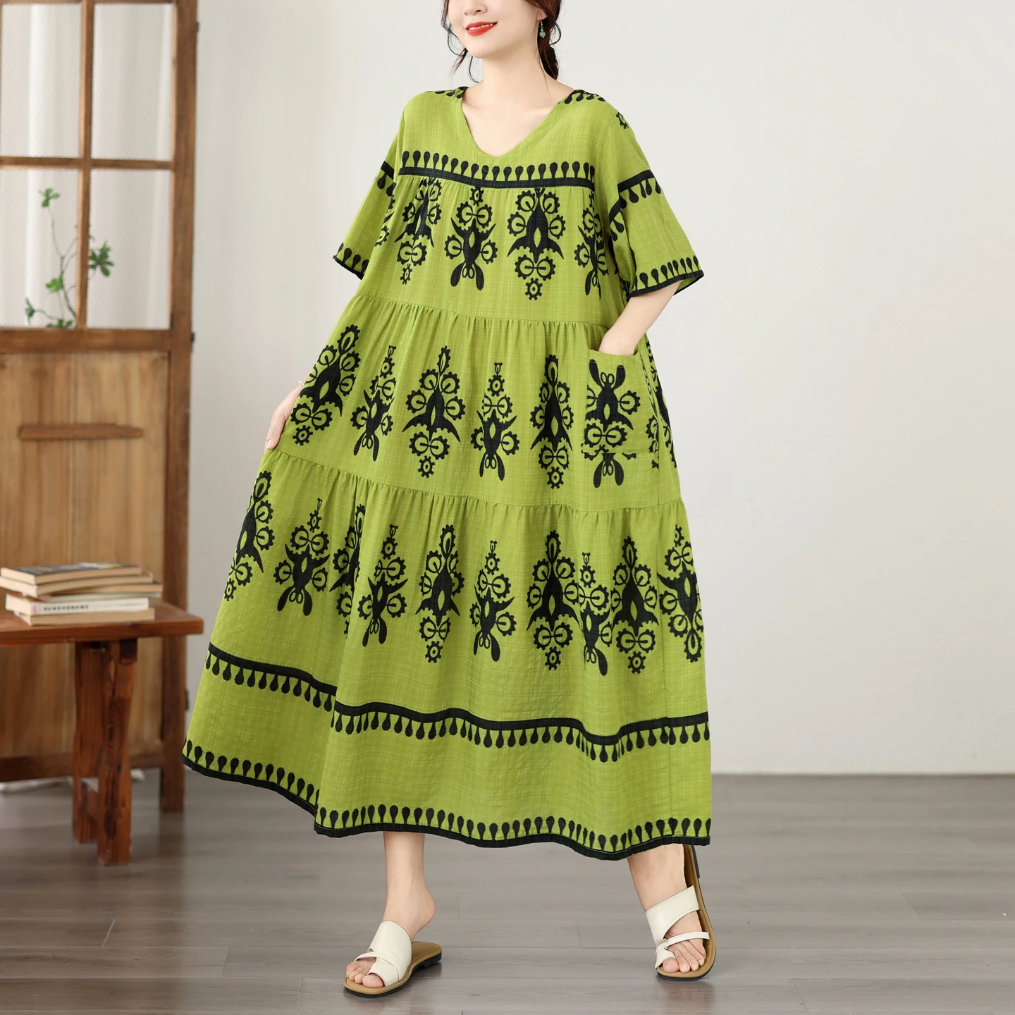 Elegant Floral Print Maxi Dress Women Summer Loose plus Size Belly Covering Mommy Clothes Ethnic Style A-Line Cotton Dress
Elegant Floral Print Maxi Dress Women Summer Loose plus Size Belly Covering Mommy Clothes Ethnic Style A-Line Cotton Dress