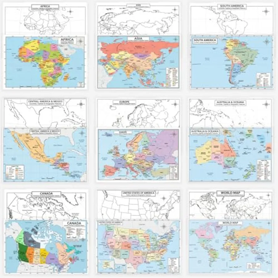 Geography Map Set 9-Pack Laminated 11x17 Dry Erase Study Maps Double-Sided Classroom Learning Tools with Color Maps Front and B
Geography Map Set 9-Pack Laminated 11x17 Dry Erase Study Maps Double-Sided Classroom Learning Tools with Color Maps Front and B