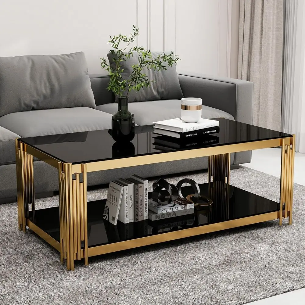 Recular Black Glass Coee Table, 47" Center Table Living Room Table, Gold StainlSteel Irregular Leg, Double-Layer Structure, Blac
Recular Black Glass Coee Table, 47" Center Table Living Room Table, Gold StainlSteel Irregular Leg, Double-Layer Structure, Blac