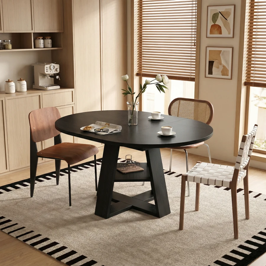Extendable round dining table for 4-8, wood base with storage shelf, black, space-saving modern kitchen and living room use
Extendable round dining table for 4-8, wood base with storage shelf, black, space-saving modern kitchen and living room use