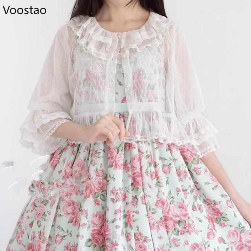 Japanese Vintage Sweet Lolita Blouses Women Cute Lace Ruffles Mesh Short Shirt Cardigan Coat Gothic Chiffon Thin Jsk Inside Tops
Japanese Vintage Sweet Lolita Blouses Women Cute Lace Ruffles Mesh Short Shirt Cardigan Coat Gothic Chiffon Thin Jsk Inside Tops