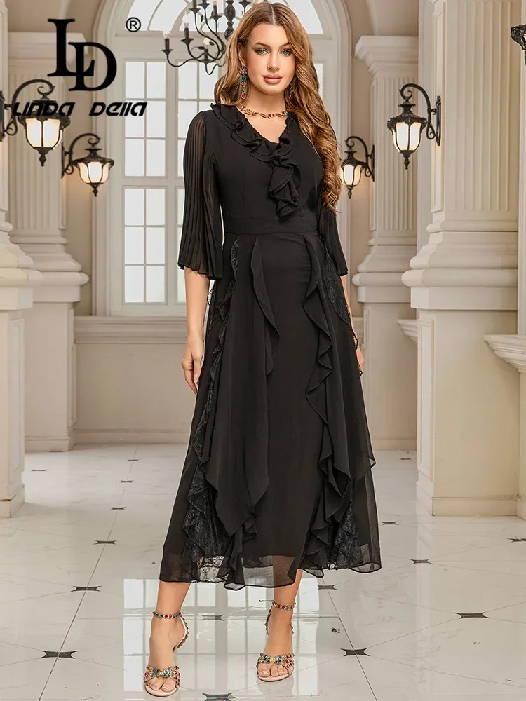 Летнее новое модное женское платье LD LINDA DELLA, французское элегантное высококачественное длинное платье из шифона с кружевными вставками и поясом, черное платье
Летнее новое модное женское платье LD LINDA DELLA, французское элегантное высококачественное длинное платье из шифона с кружевными вставками и поясом, черное платье