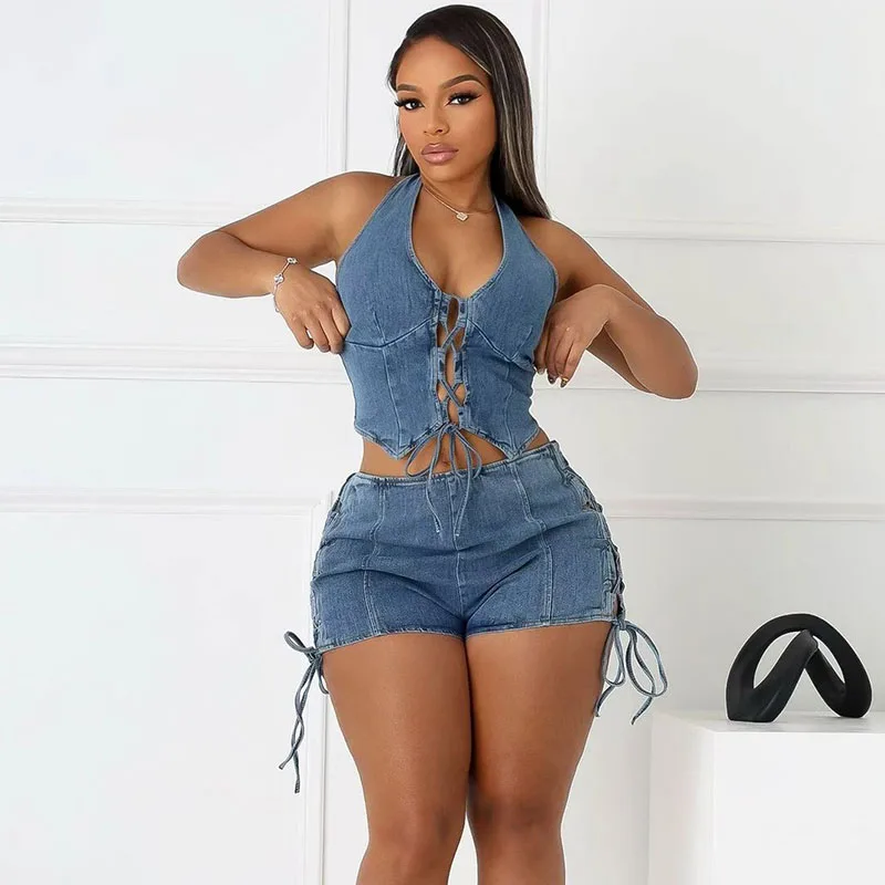 Doyerl Denim 2 Piece Set Woman Club Party Outfits Halter V-neck Backless Lace-up Hollow Out Crop Top and Shorts Matching Sets
Doyerl Denim 2 Piece Set Woman Club Party Outfits Halter V-neck Backless Lace-up Hollow Out Crop Top and Shorts Matching Sets