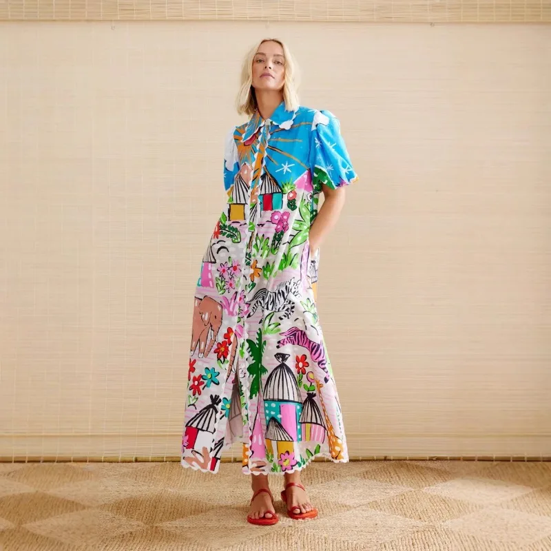 2025 Новое европейское и американское платье-кардиган с принтом и воротником-рубашкой 
2025 Новое европейское и американское платье-кардиган с принтом и воротником-рубашкой