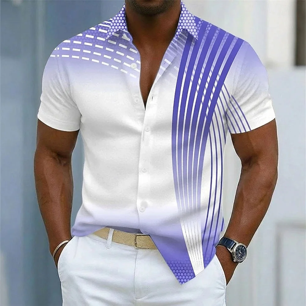 Men's summer short sleeved shirt with gradient stripe print, lapel button, casual slim fit top, men's beach party shirt
Men's summer short sleeved shirt with gradient stripe print, lapel button, casual slim fit top, men's beach party shirt
