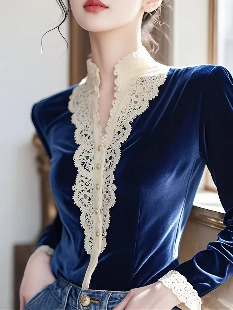 Autumn Winter Sexy Velvet Blouse Elegant Fashion Patchwork Lace Tops V Neck Long Sleeve Bottoming Shirt
Autumn Winter Sexy Velvet Blouse Elegant Fashion Patchwork Lace Tops V Neck Long Sleeve Bottoming Shirt
