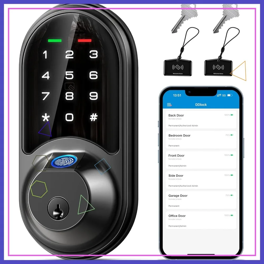 Умный дверной замок 7-в-1 с функцией распознавания отпечатков пальцев, управлением через приложение и бесключевым доступом, матовый черный сенсорный замок-защелка
Умный дверной замок 7-в-1 с функцией распознавания отпечатков пальцев, управлением через приложение и бесключевым доступом, матовый черный сенсорный замок-защелка