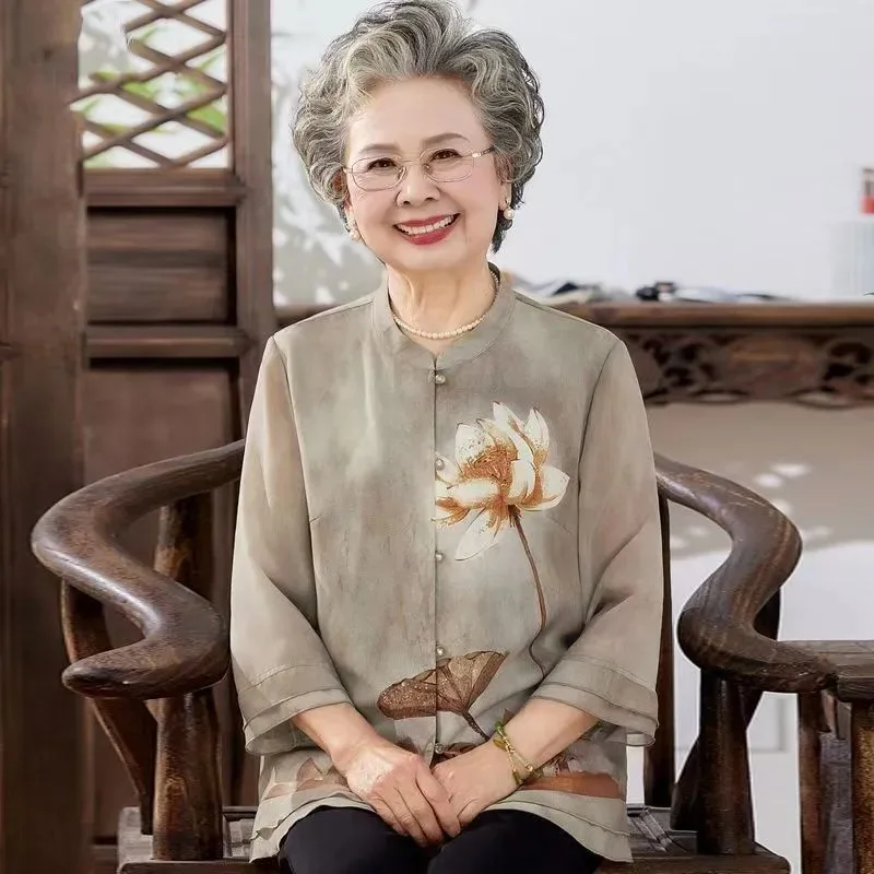 Women's Chinese Style Lotus Print 3/4 Sleeve Blouse Casual Summer Chiffon Top for Elderly
Women's Chinese Style Lotus Print 3/4 Sleeve Blouse Casual Summer Chiffon Top for Elderly