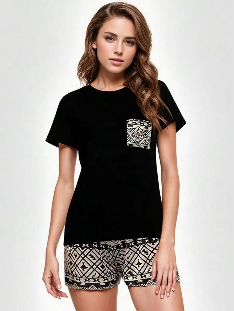 Womens Summer Pajamas Set Round Neck Short Sleeve Black Top With Geometric Print Shorts
Womens Summer Pajamas Set Round Neck Short Sleeve Black Top With Geometric Print Shorts