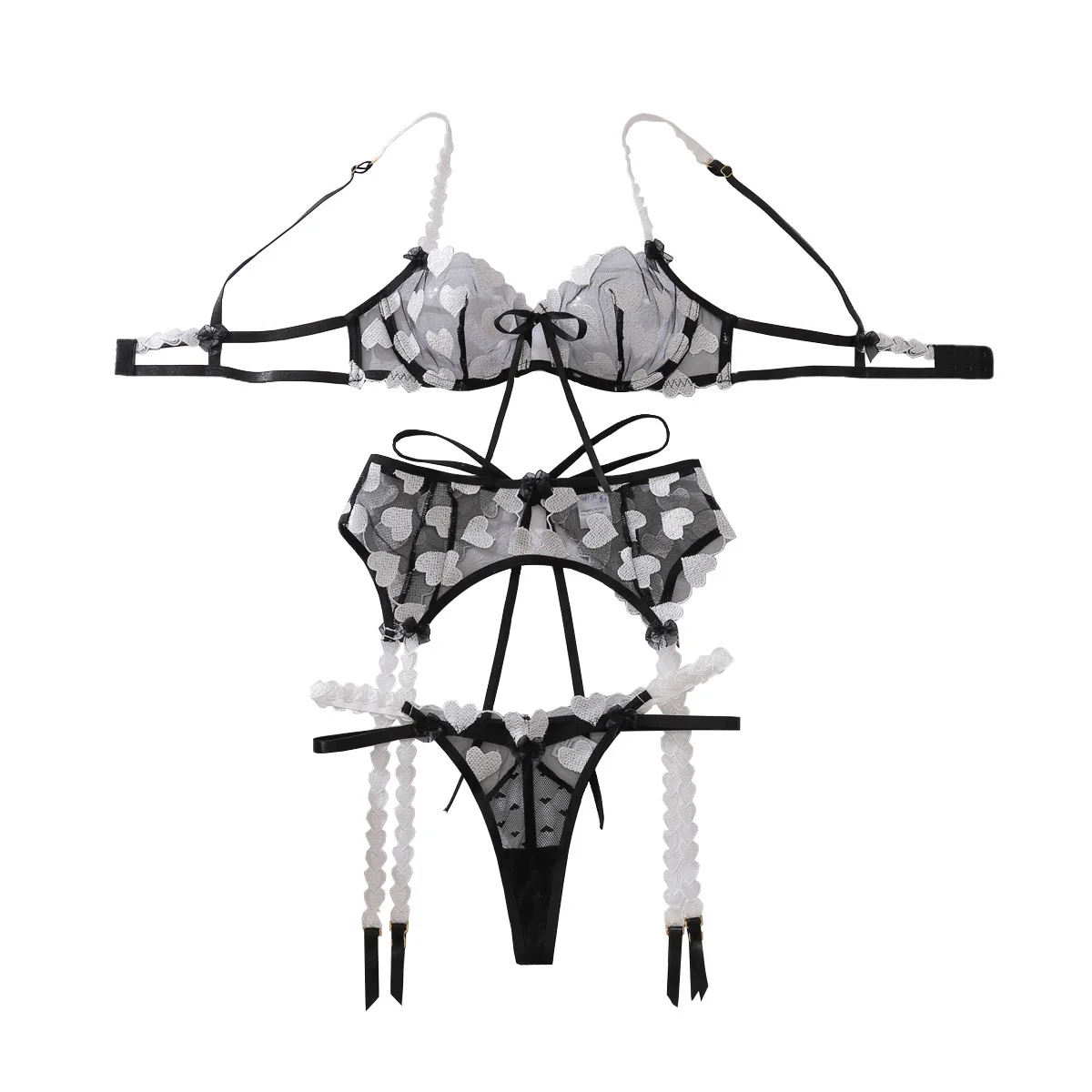 Love bow decoration hollow embroidery splicing perspective mesh shaping sexy lingerie set three piece set
Love bow decoration hollow embroidery splicing perspective mesh shaping sexy lingerie set three piece set