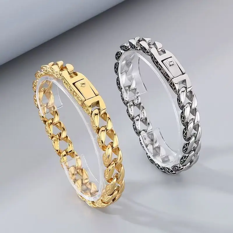 11mm Punk Gold Color Pattern Curb Cuban Chain Bracelet Men Women Hiphop Retro Stainless Steel Charm Bike Biker Bangle Jewelry
11mm Punk Gold Color Pattern Curb Cuban Chain Bracelet Men Women Hiphop Retro Stainless Steel Charm Bike Biker Bangle Jewelry